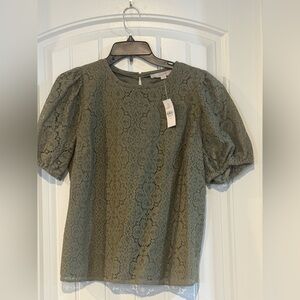 LOFT Olive Green Lace Puff-Sleeve Blouse